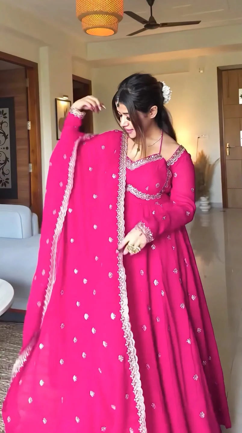 pink slit anarkali premium suit set