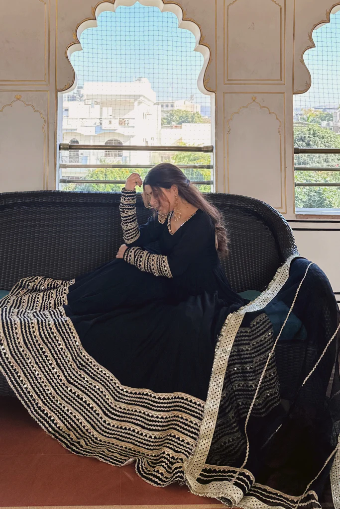 sanika noor black color embroidered work anarkali suit set