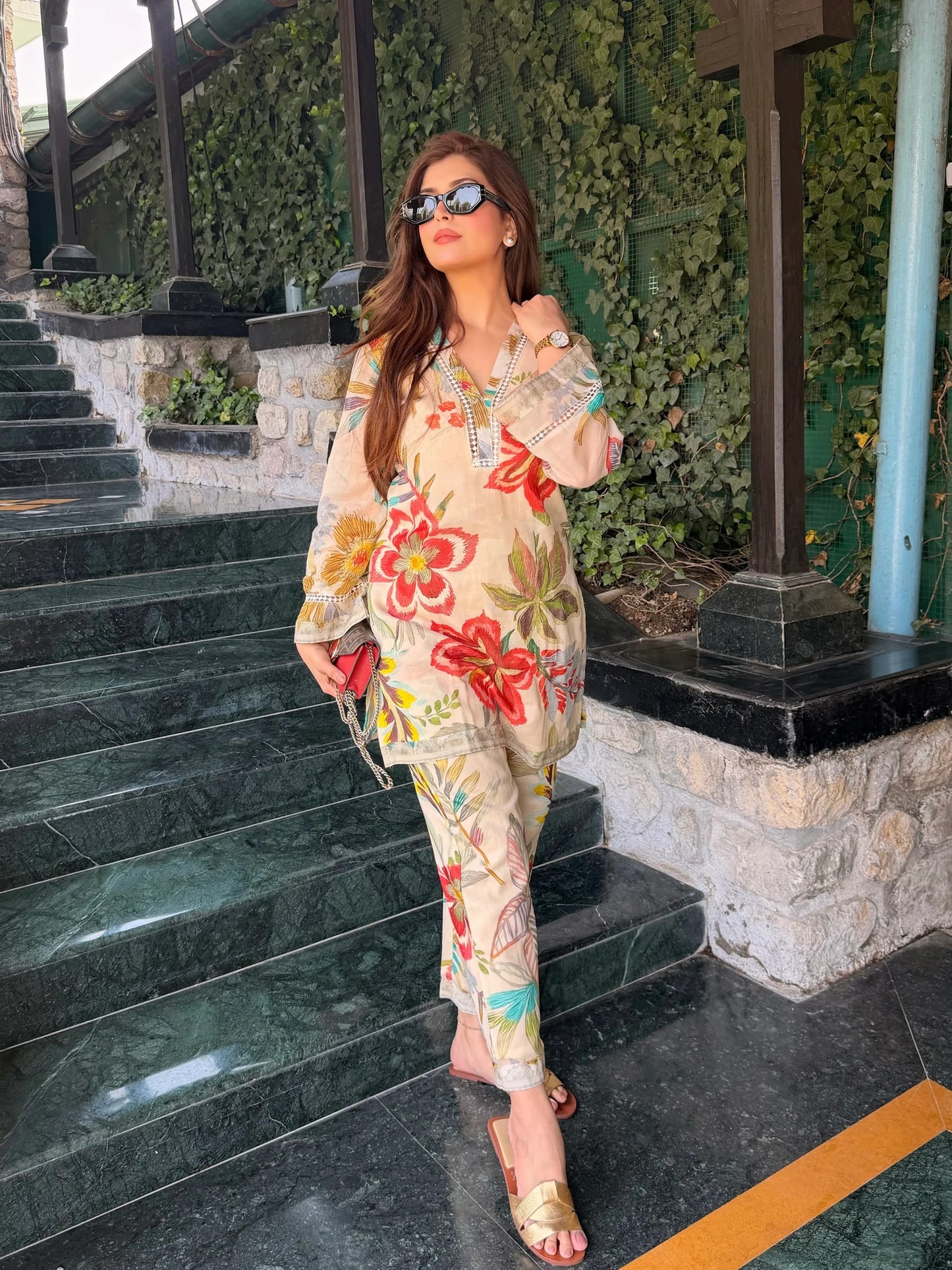 premium botanical meadow bloom print cotton kurta pant set