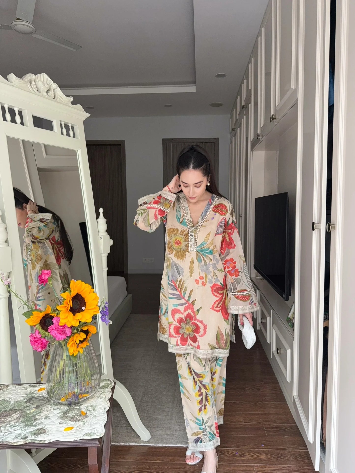 premium botanical meadow bloom print cotton kurta pant set