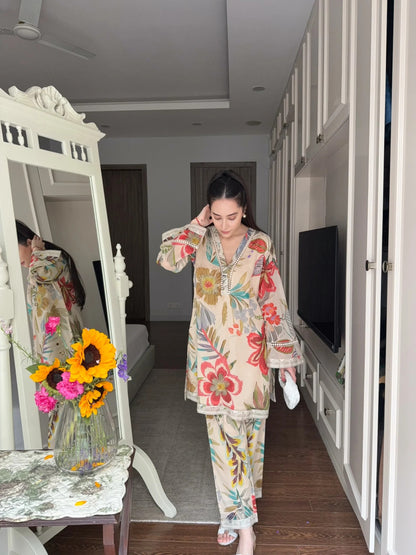 Premium Botanical Meadow Bloom Print Cotton Kurta Pant Set