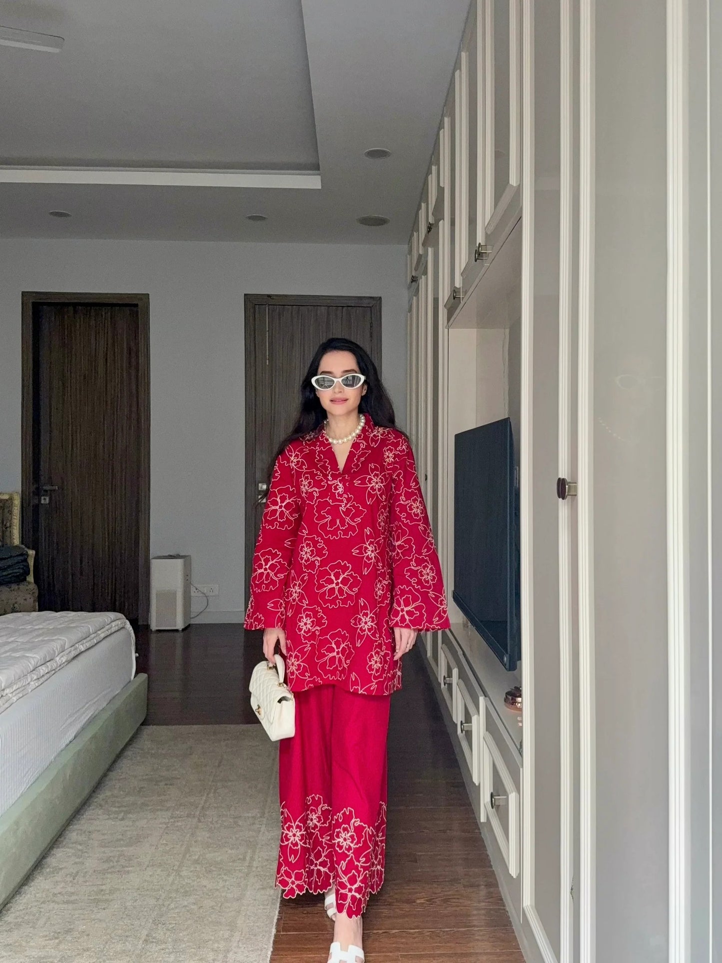 red floral printed kurta & palazzo set for women