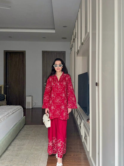 Red Floral Printed Kurta & Palazzo Set for Women