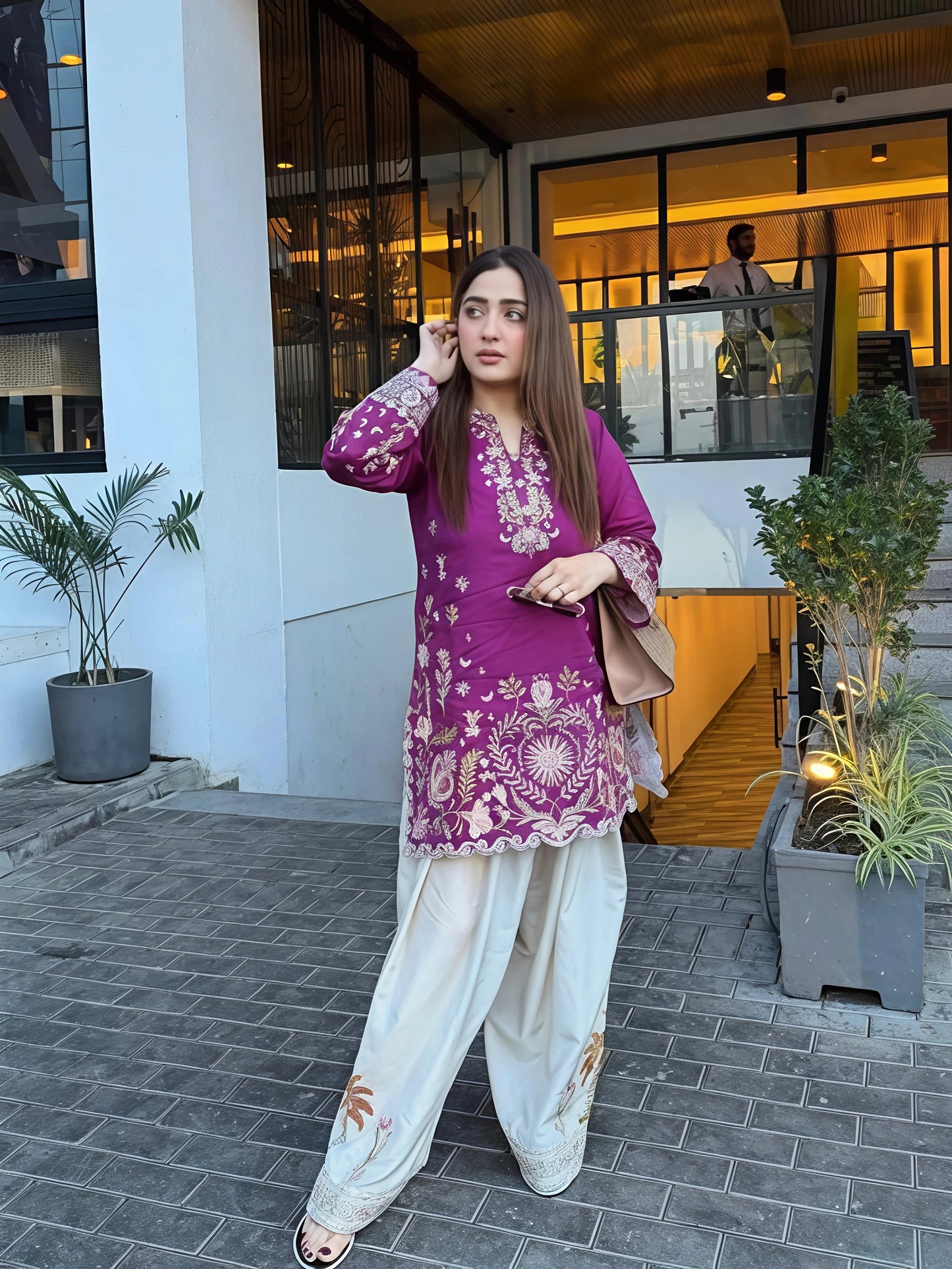 regal magenta embroidered kurta with ivory tulip pant set for women