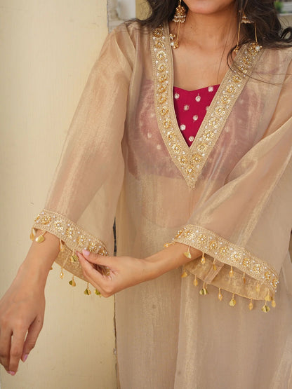 Elegant Beige Tissue Embroidered Kurta Palazzo Set for Women
