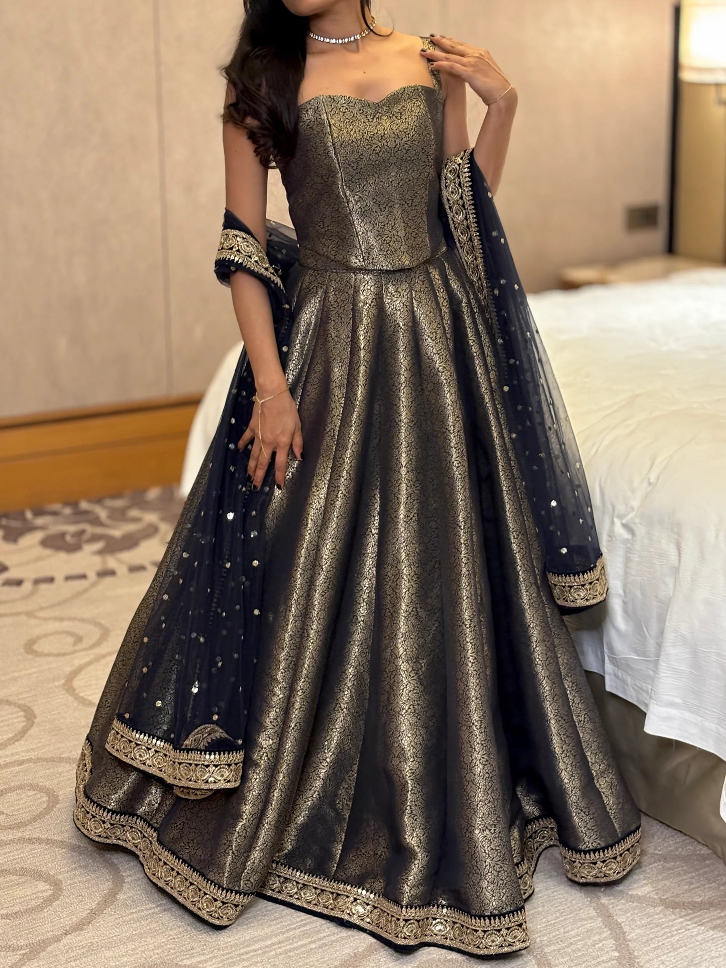 luxury navy blue jacquard lehenga choli set with designer dupatta