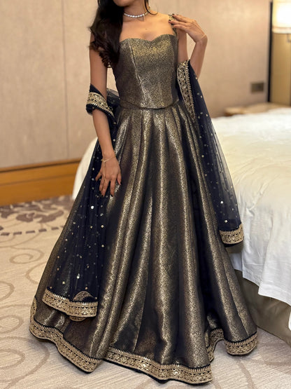 Luxury Navy Blue Jacquard Lehenga Choli Set with Designer Dupatta