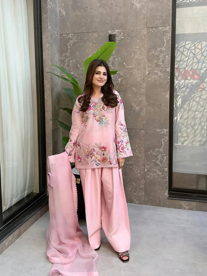 Blush Pink Floral Embroidered Kurta Sharara Set with Dupatta for Women