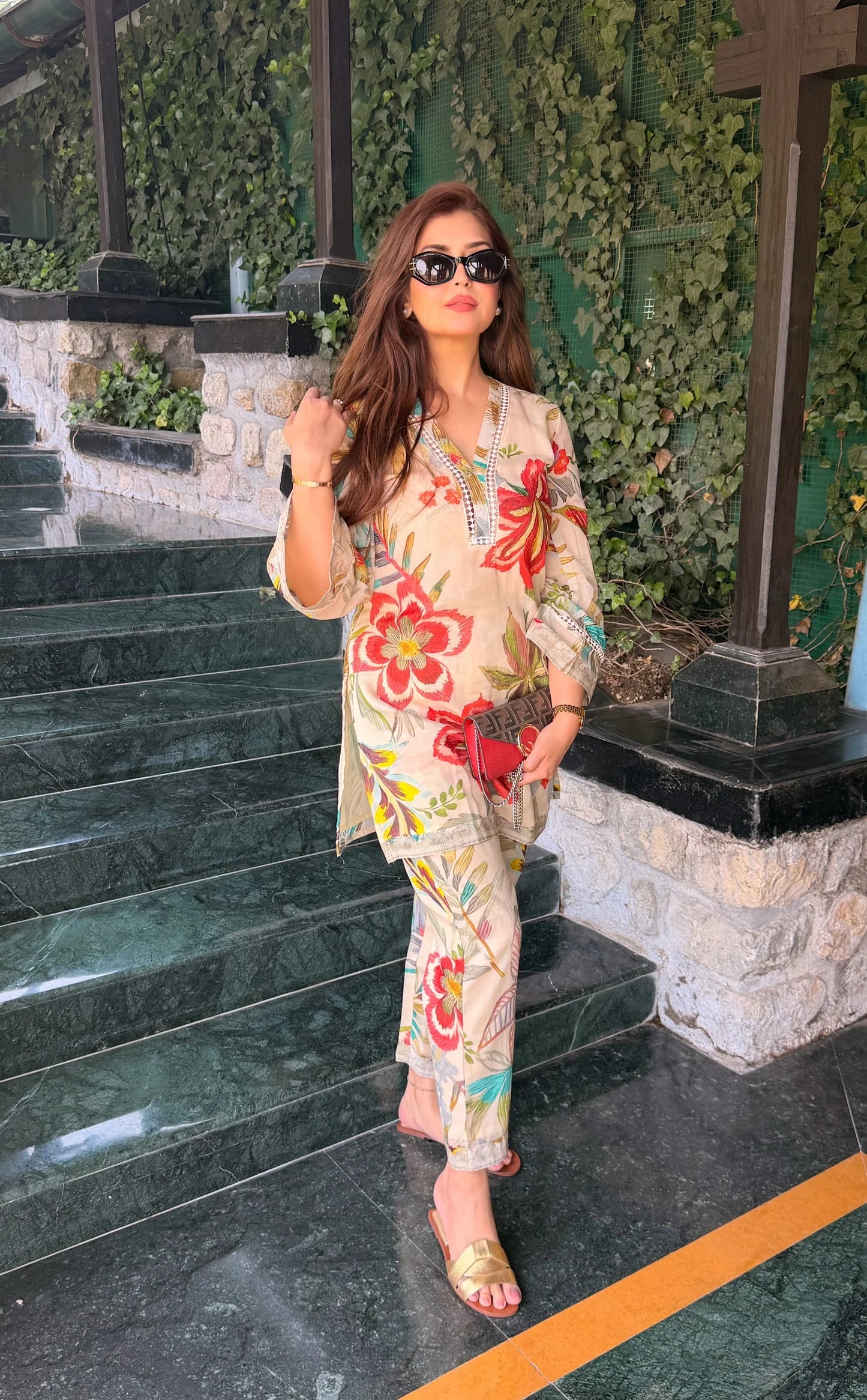 premium botanical meadow bloom print cotton kurta pant set