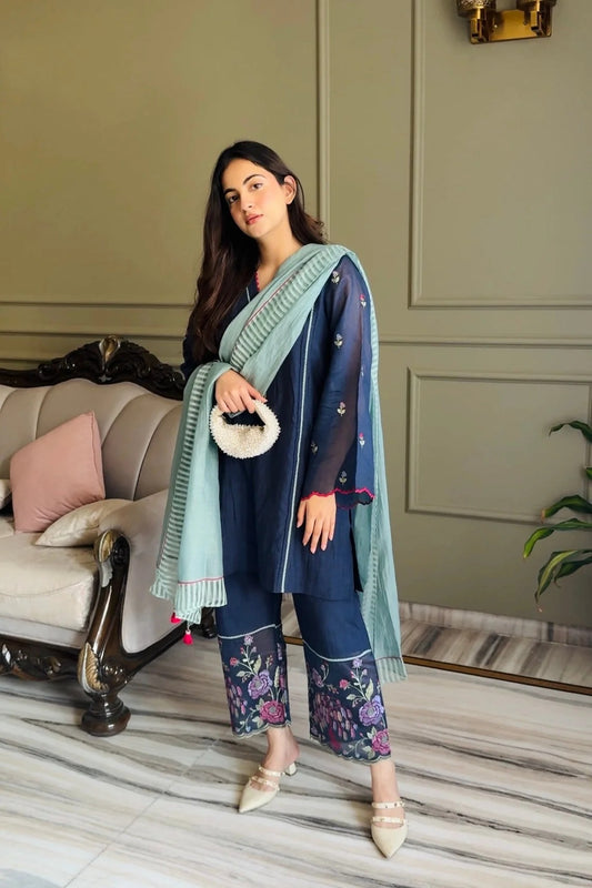 Meher Blue Chanderi Floral Embroidered Kurta Set with Aqua Dupatta