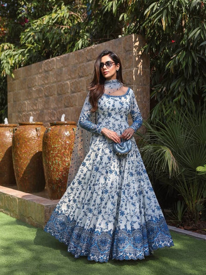Krishva's Exclusive Blue Floral Organza Anarkali Suit Set