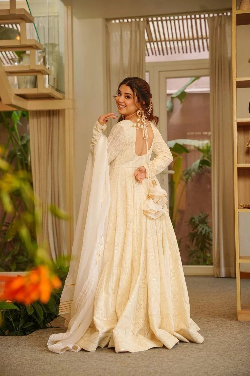elegant ivory wedding wear heavy embroidered anarkali suit
