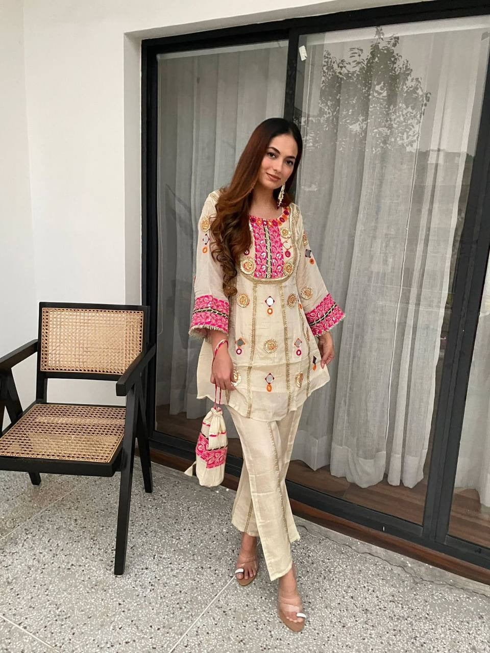 beige embroidered co-ord set with mirror work