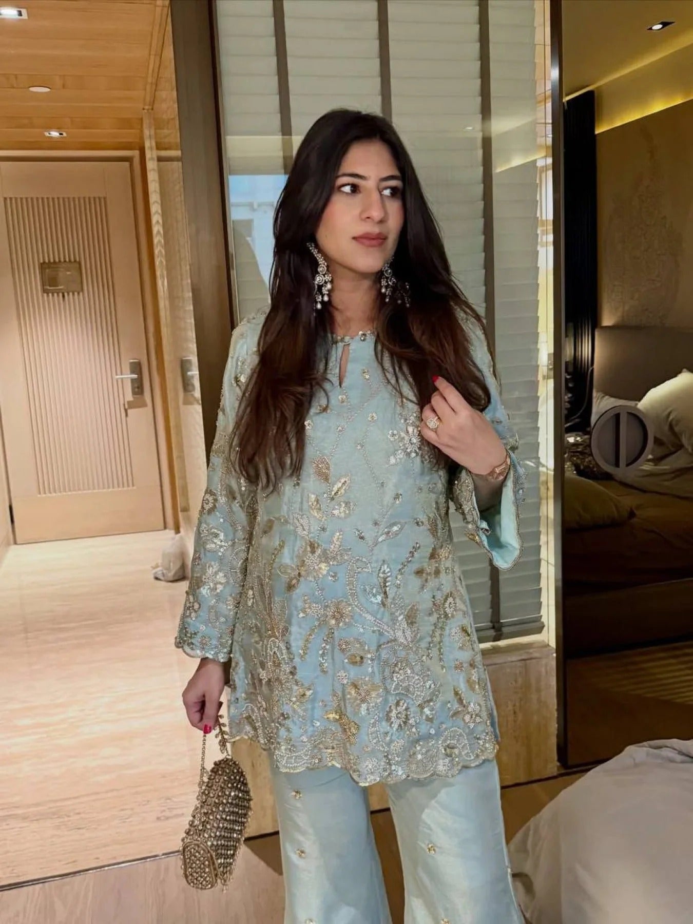 unparalleled sky blue stylish designer suit with rich sequins embroidery detailing