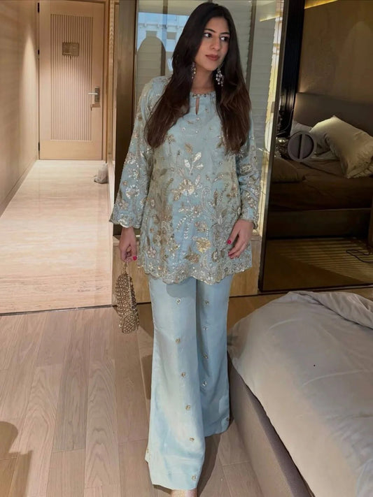 Unparalleled Sky Blue Stylish Designer Suit with Rich Sequins Embroidery Detailing