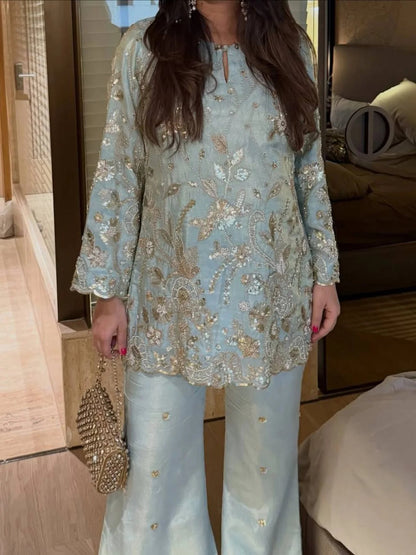 Unparalleled Sky Blue Stylish Designer Suit with Rich Sequins Embroidery Detailing