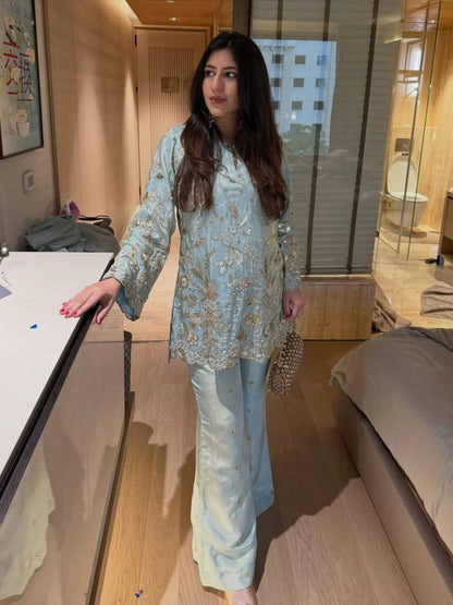 Unparalleled Sky Blue Stylish Designer Suit with Rich Sequins Embroidery Detailing