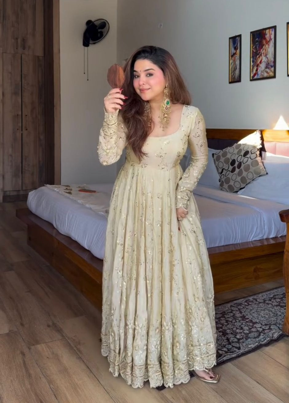 ivory gold embroidered anarkali gown for women