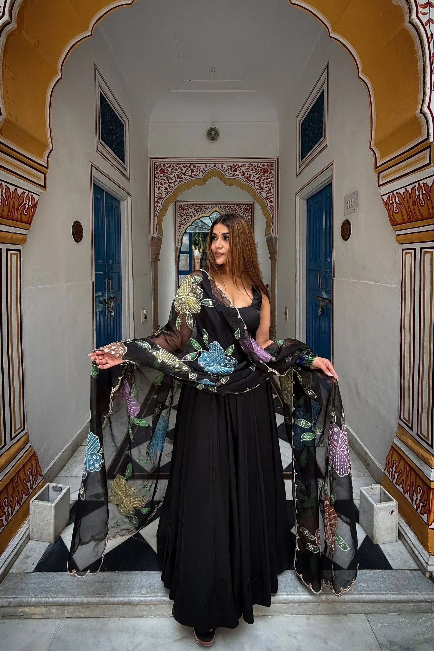 authentic black designer natural crepe farshi salwar suit with moti work for party wear