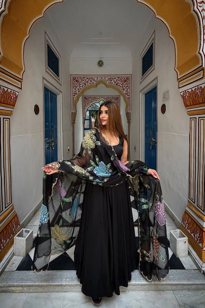 Authentic Black Designer Natural Crepe Farshi Salwar Suit with Moti Work for Party Wear