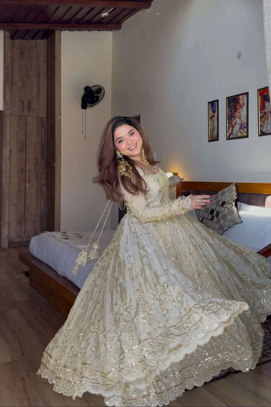 Ivory Gold Embroidered Anarkali Gown for Women