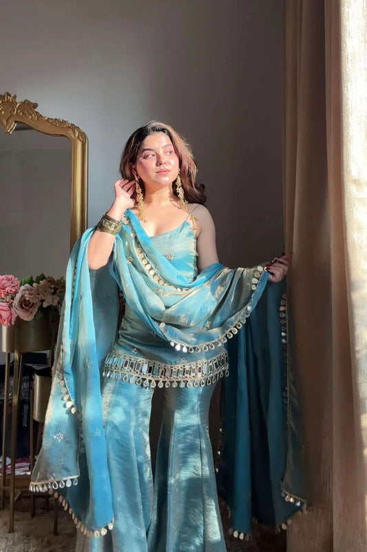 Sky Blue Embellished Sharara Set with Mirror Work Dupatta