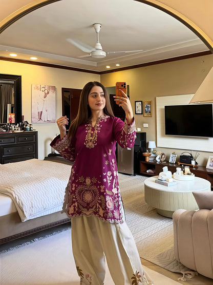 Regal Magenta Embroidered Kurta with Ivory Tulip Pant Set for Women