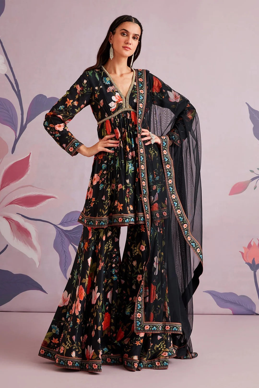 midnight black floral printed silk kurta set with garara & dupatta