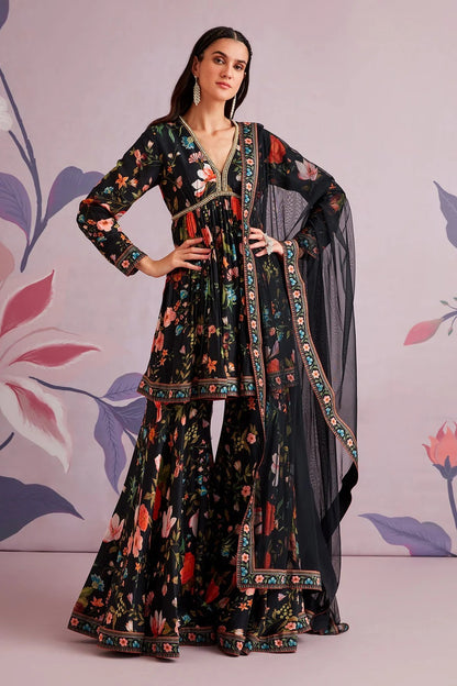 Midnight Black Floral Printed Silk Kurta Set with Garara & Dupatta