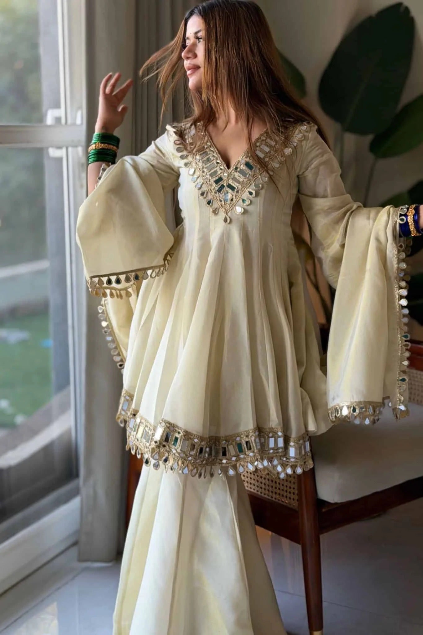 ivory mirror work peplum kurta sharara set with dupatta | elegant festive & wedding wear