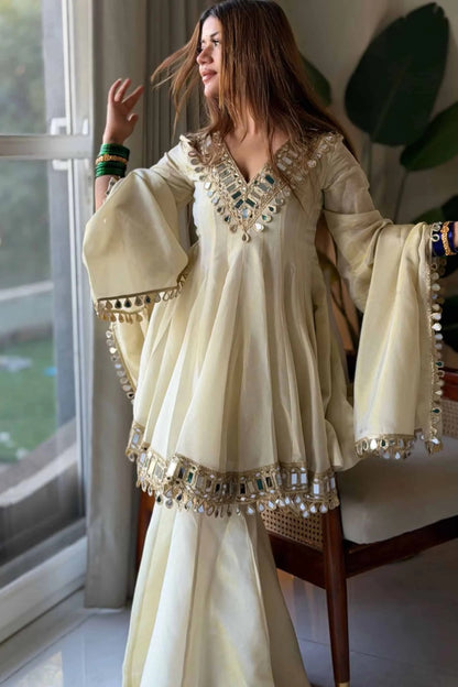 Ivory Mirror Work Peplum Kurta Sharara Set with Dupatta | Elegant Festive & Wedding Wear