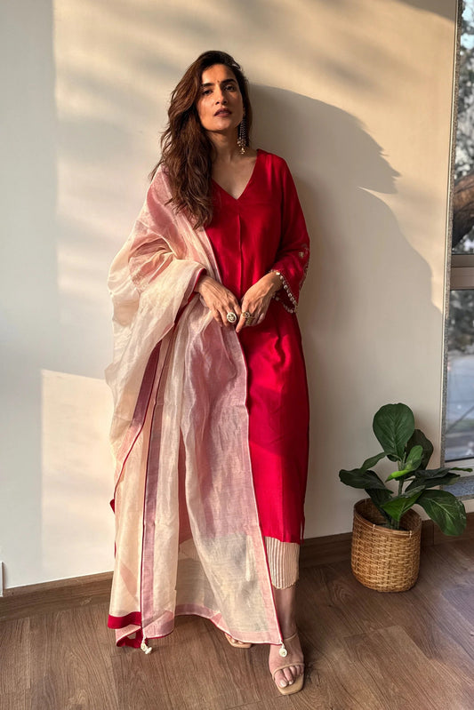Red Chanderi Kurta Set with Tissue Dupatta