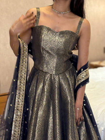 Luxury Navy Blue Jacquard Lehenga Choli Set with Designer Dupatta