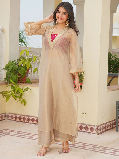 Elegant Beige Tissue Embroidered Kurta Palazzo Set for Women