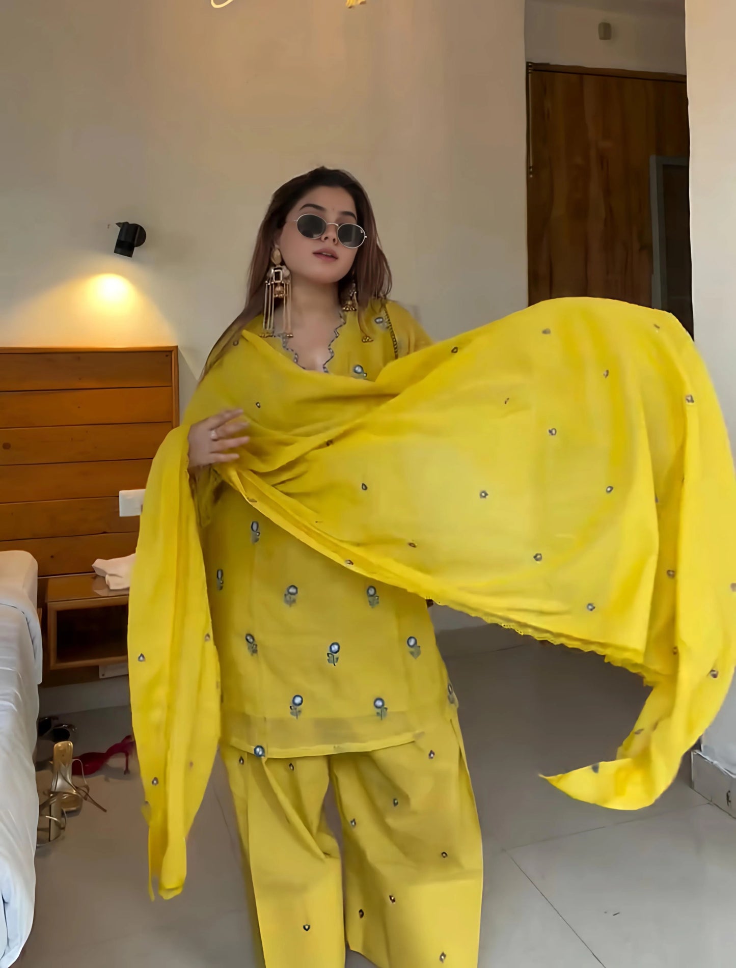 yellow embroidered chanderi kurta with farshi salwar