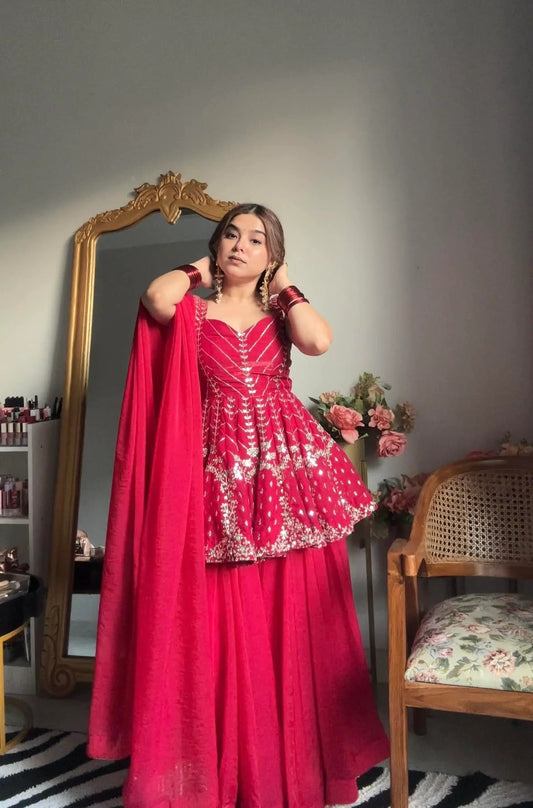 Rani Pink Embroidered Peplum Sharara Set with Dupatta