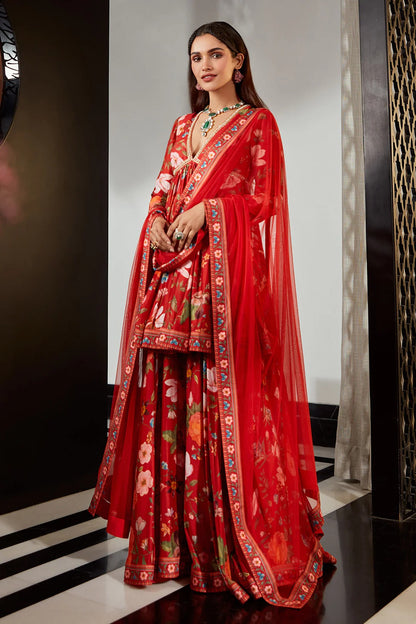 Ruby Red Floral Silk Kurta Garara Set with Net Dupatta