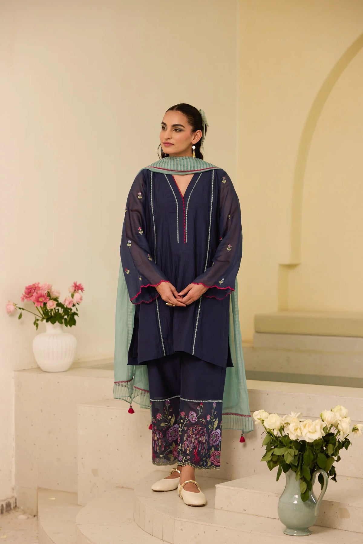 meher blue chanderi floral embroidered kurta set with aqua dupatta