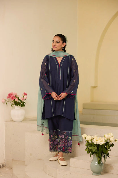 Meher Blue Chanderi Floral Embroidered Kurta Set with Aqua Dupatta
