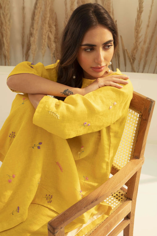 Yellow Mal Chanderi Embroidered Straight Kurta Set for Women