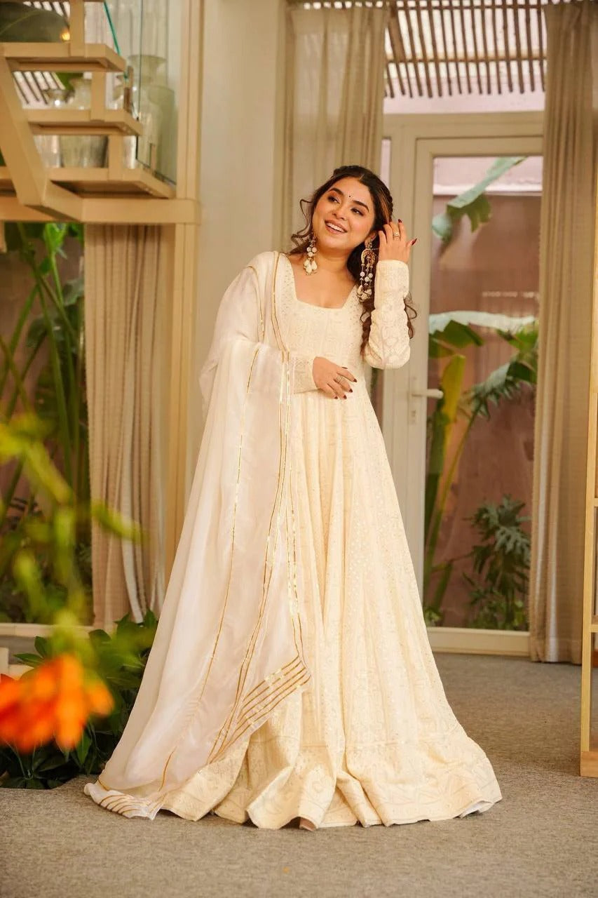 elegant ivory wedding wear heavy embroidered anarkali suit