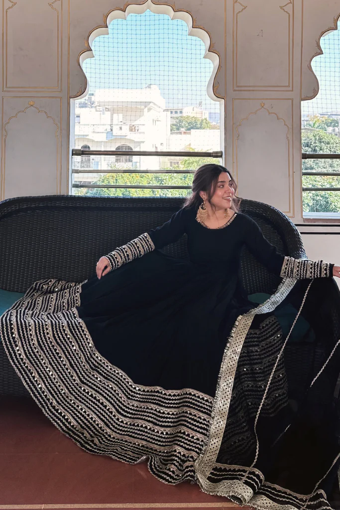 sanika noor black color embroidered work anarkali suit set