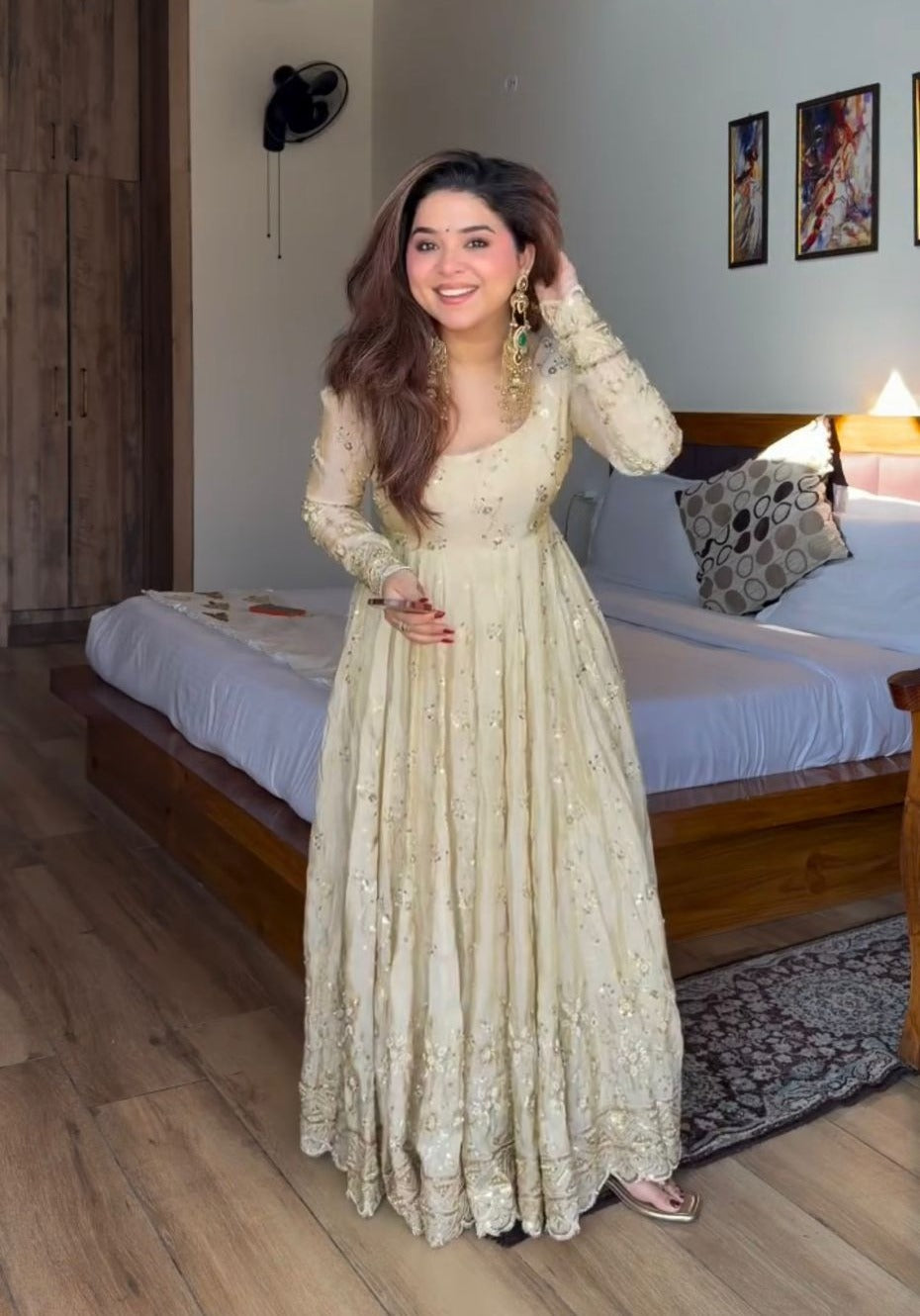 ivory gold embroidered anarkali gown for women