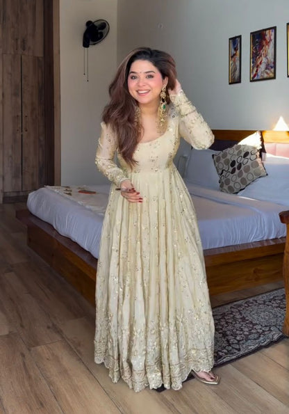 Ivory Gold Embroidered Anarkali Gown for Women