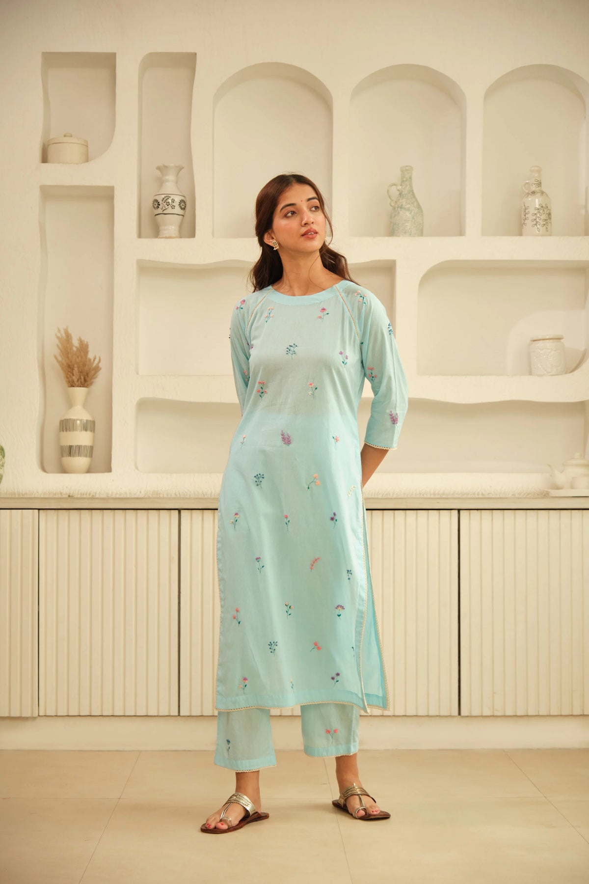 light blue cotton floral embroidered kurta pant set for women