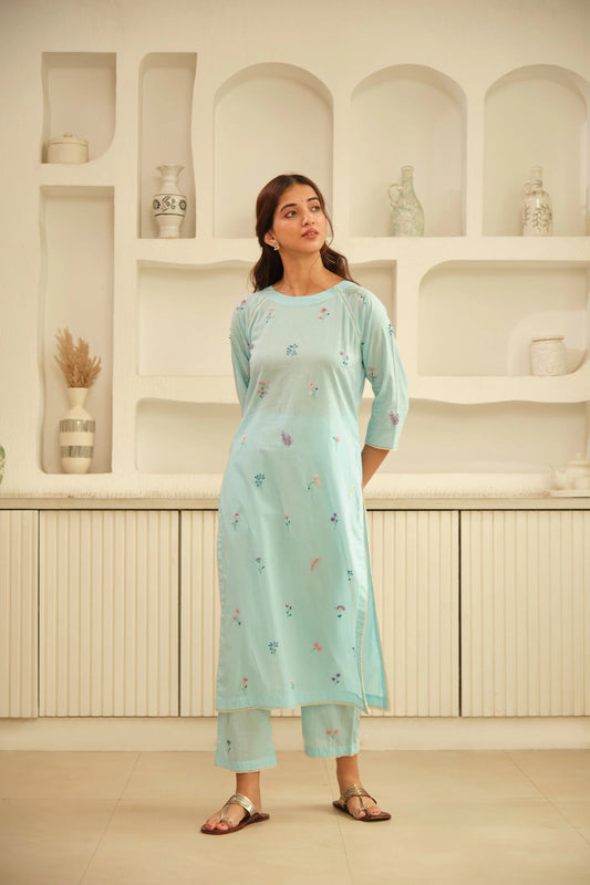 Light Blue Cotton Floral Embroidered Kurta Pant Set for Women