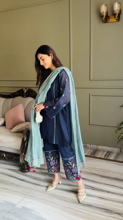 Meher Blue Chanderi Floral Embroidered Kurta Set with Aqua Dupatta
