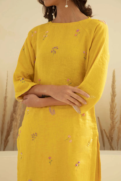 Yellow Mal Chanderi Embroidered Straight Kurta Set for Women