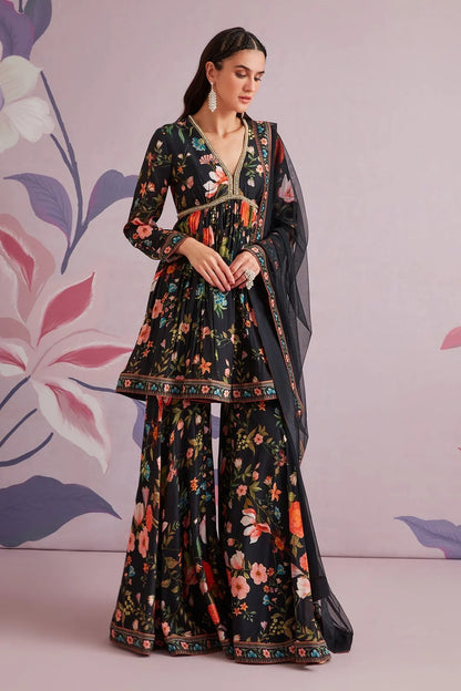 Midnight Black Floral Printed Silk Kurta Set with Garara & Dupatta