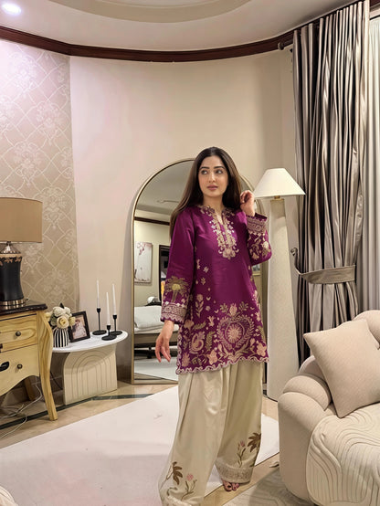 Regal Magenta Embroidered Kurta with Ivory Tulip Pant Set for Women